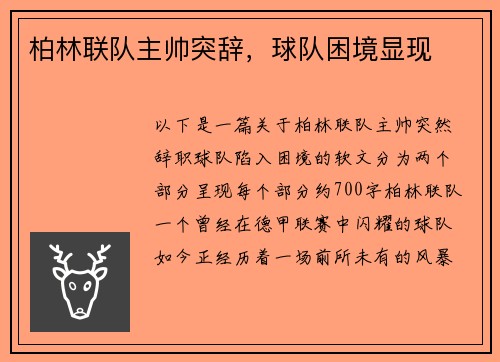 柏林联队主帅突辞，球队困境显现