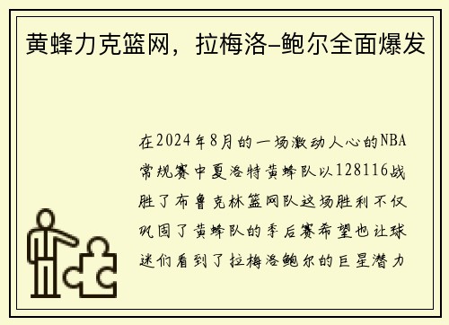 黄蜂力克篮网，拉梅洛-鲍尔全面爆发